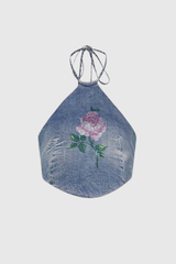 Ariya Halter Neck Floral  Denim Top