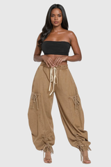 Astrid Drawstring Lace Up Jeans In Khaki