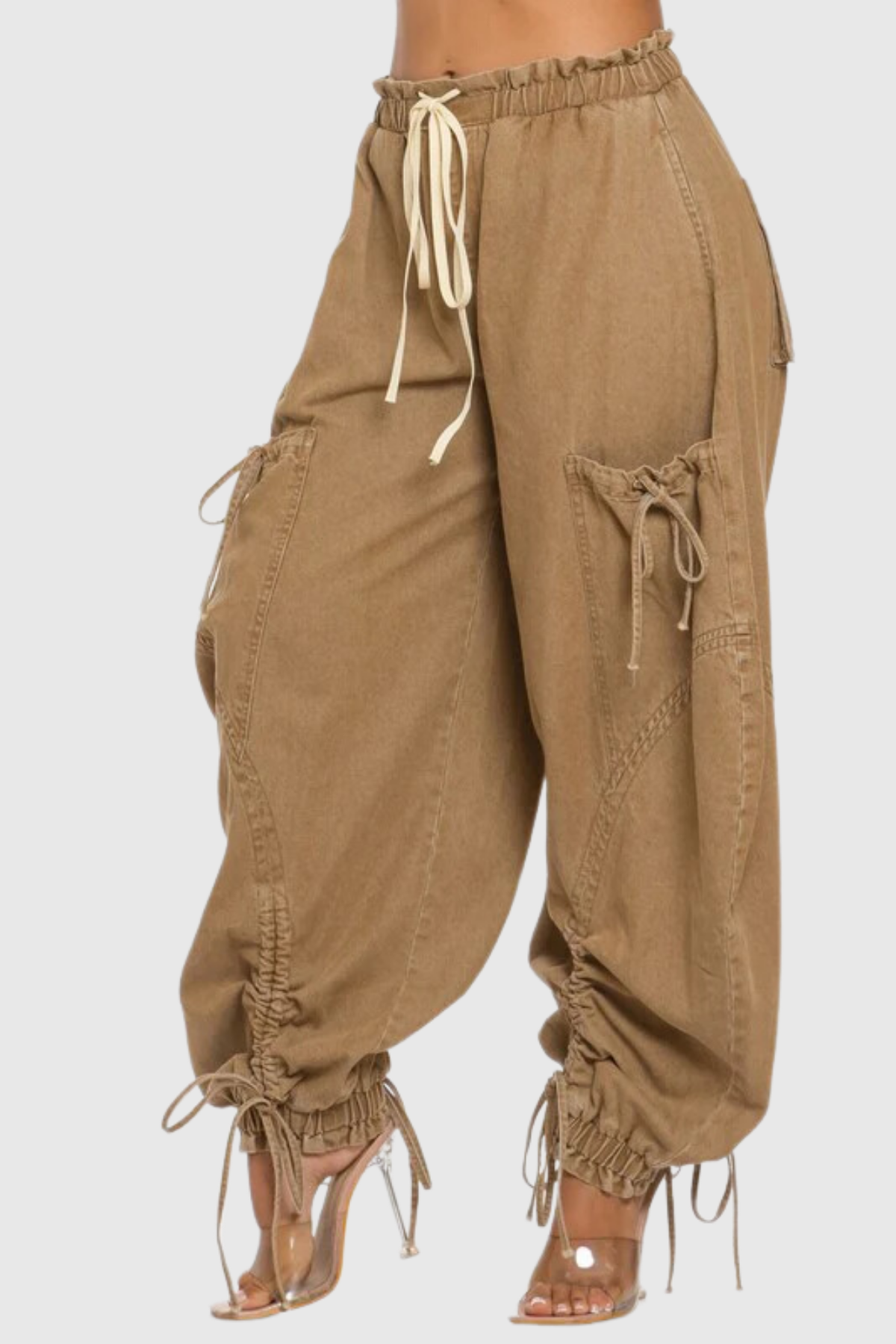 Astrid Drawstring Lace Up Jeans In Khaki