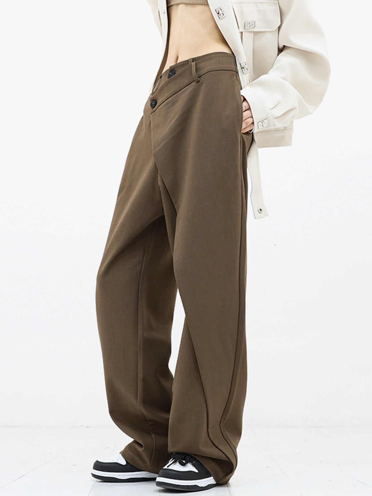 Asymmetrical Layer Button Wide Leg Dress Pants