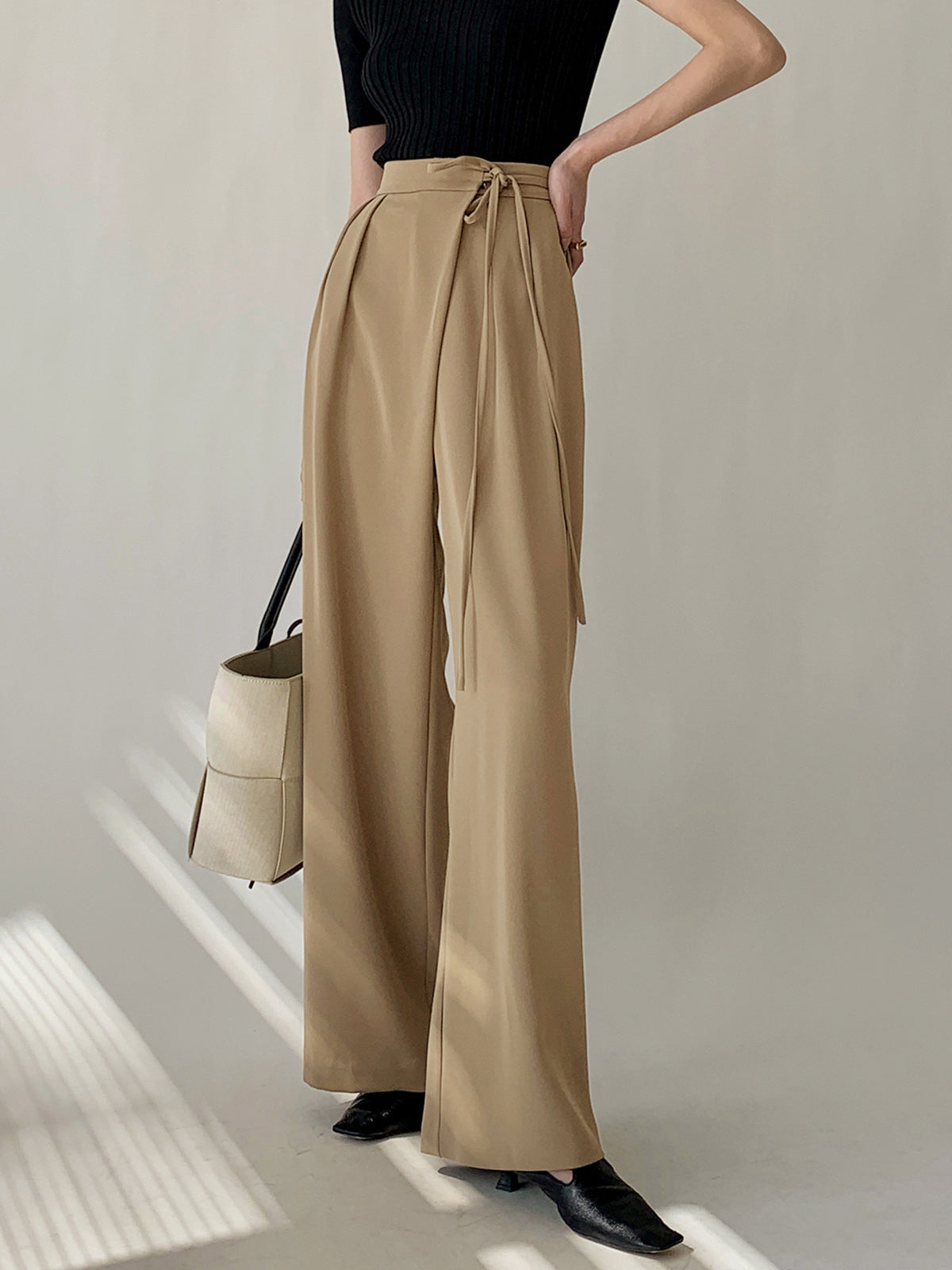 Tie Waist Flowy Wide Leg Dress Pants