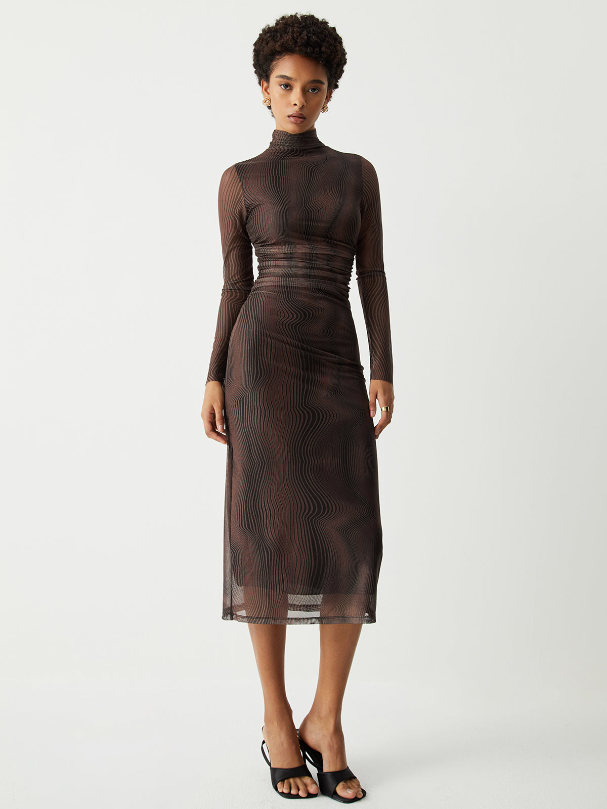Midikleid aus Netzstoff mit Stehkragen und Illusion-Tüll-Print