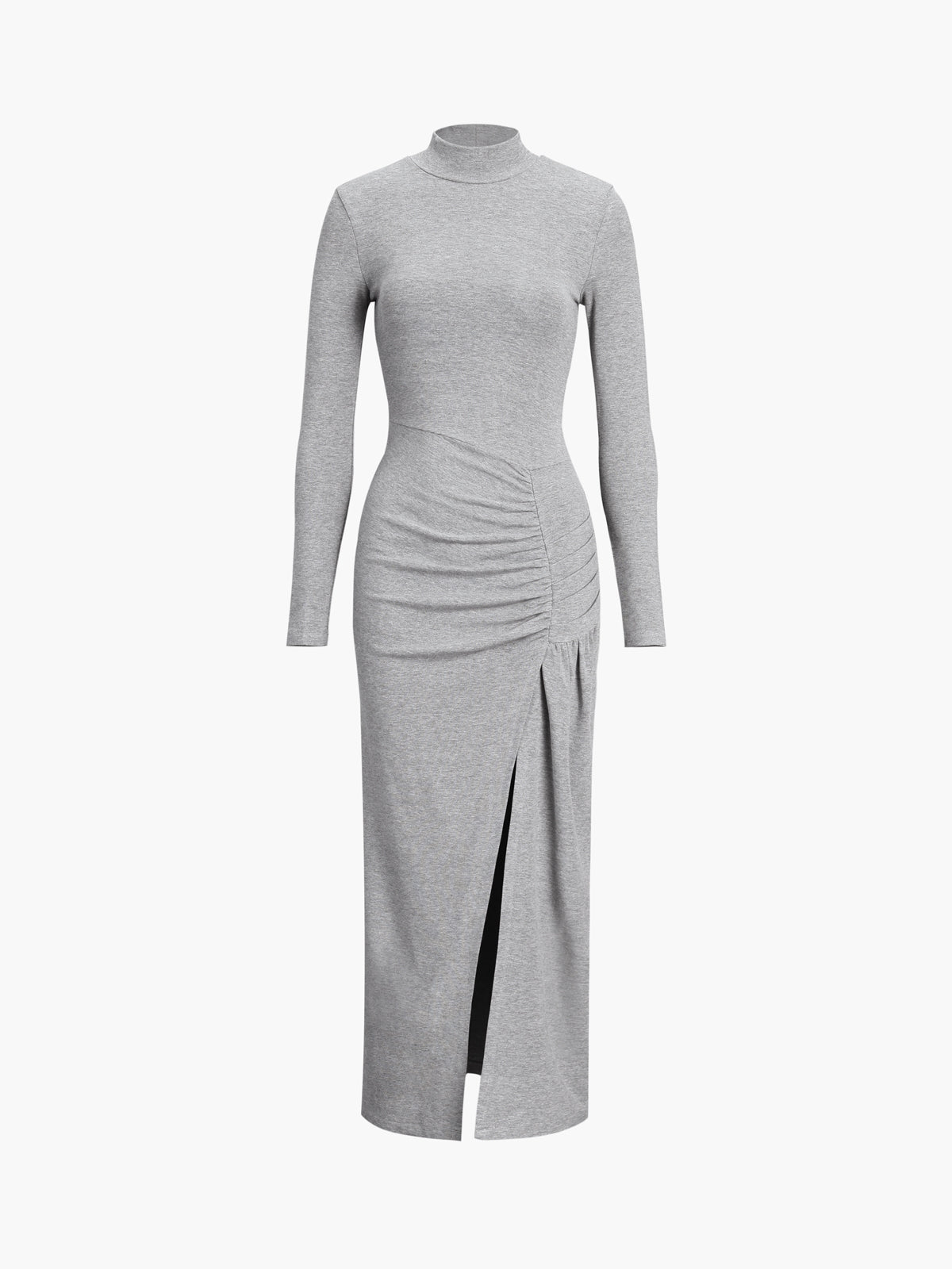 Langes, figurbetontes Kleid mit Schlitz, Plissee und langen Ärmeln und Stehkragen