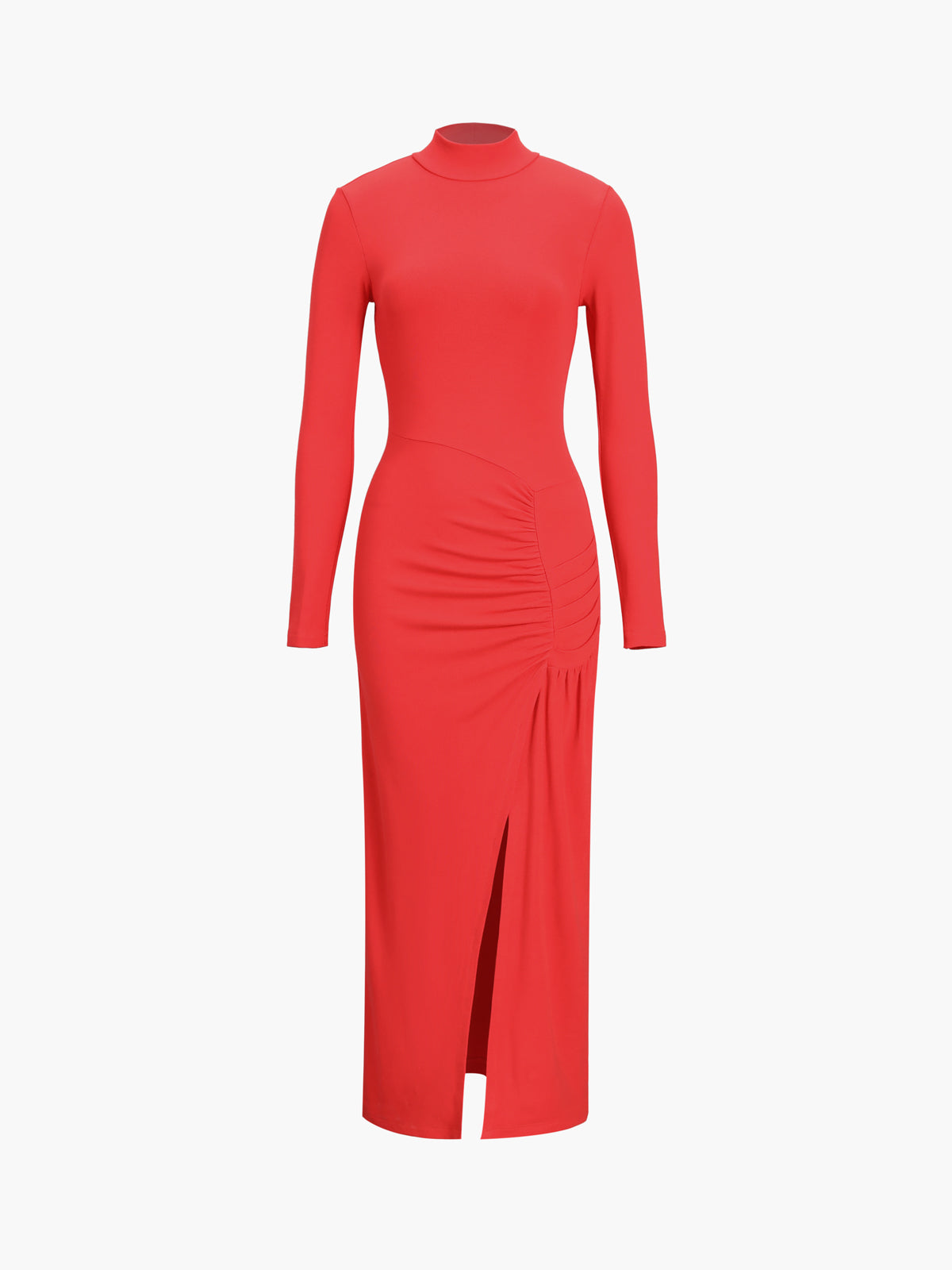 Langes, figurbetontes Kleid mit Schlitz, Plissee und langen Ärmeln und Stehkragen