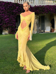 Langes Kleid mit transparentem Rüschenbesatz, gerafftem Ausschnitt