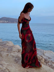 Langes Camisole-Kleid mit transparentem Blumendruck