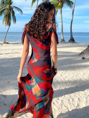 Langes Camisole-Kleid mit transparentem Blumendruck