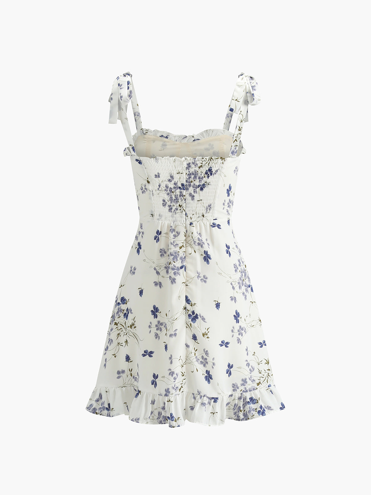 Kurzes Kleid mit Blumendruck, geraffter Rückseite und geknoteten Rüschen