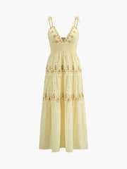 Langes Kleid mit Blumenmuster, V-Ausschnitt und Camisole-Knoten