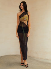 Transparentes Midikleid mit One-Shoulder-Träger und Schlitz