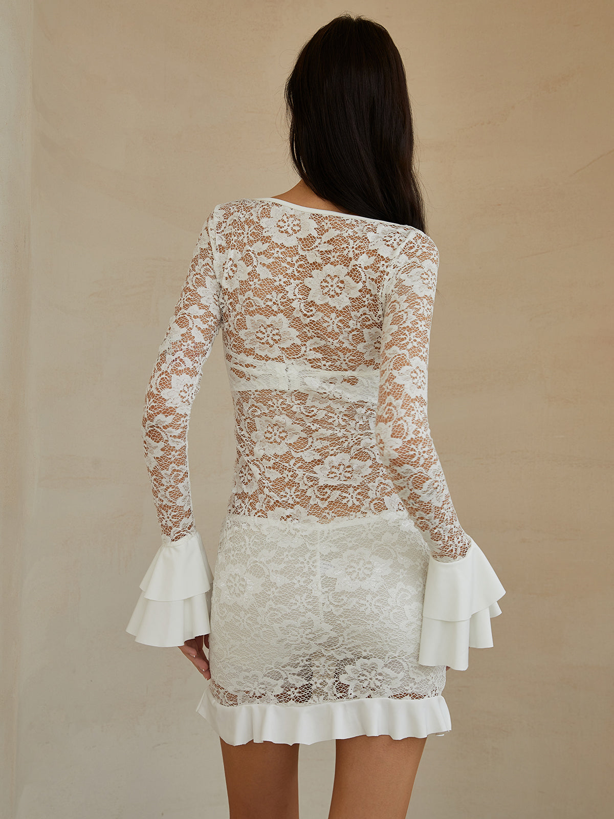 Transparentes, langärmliges, kurzes Spitzenkleid