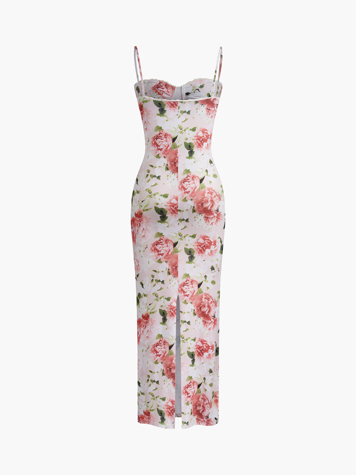 Schmal geschnittenes, langes Kleid mit Blumenmuster und Herzausschnitt
