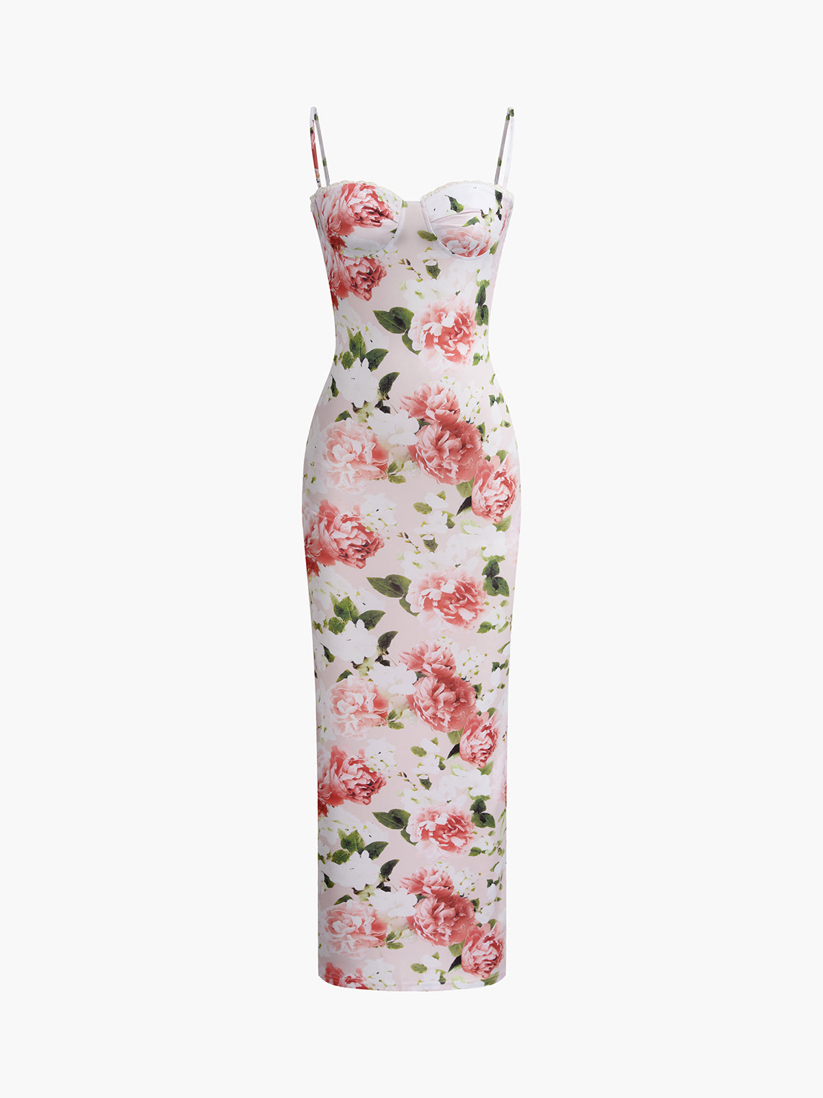 Schmal geschnittenes, langes Kleid mit Blumenmuster und Herzausschnitt