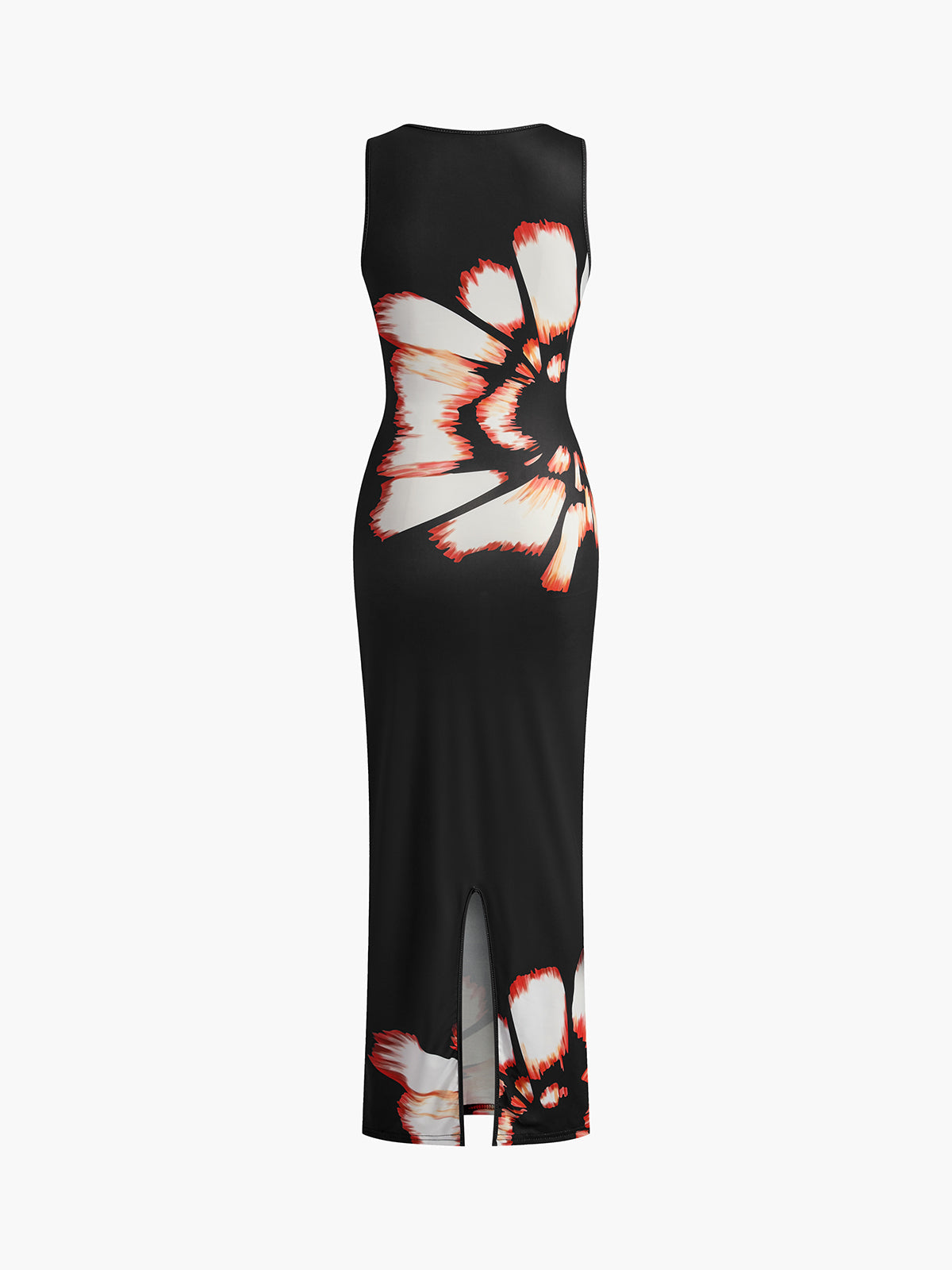 Langes Kleid mit Blumenmuster, Cut-Outs und Schlitz