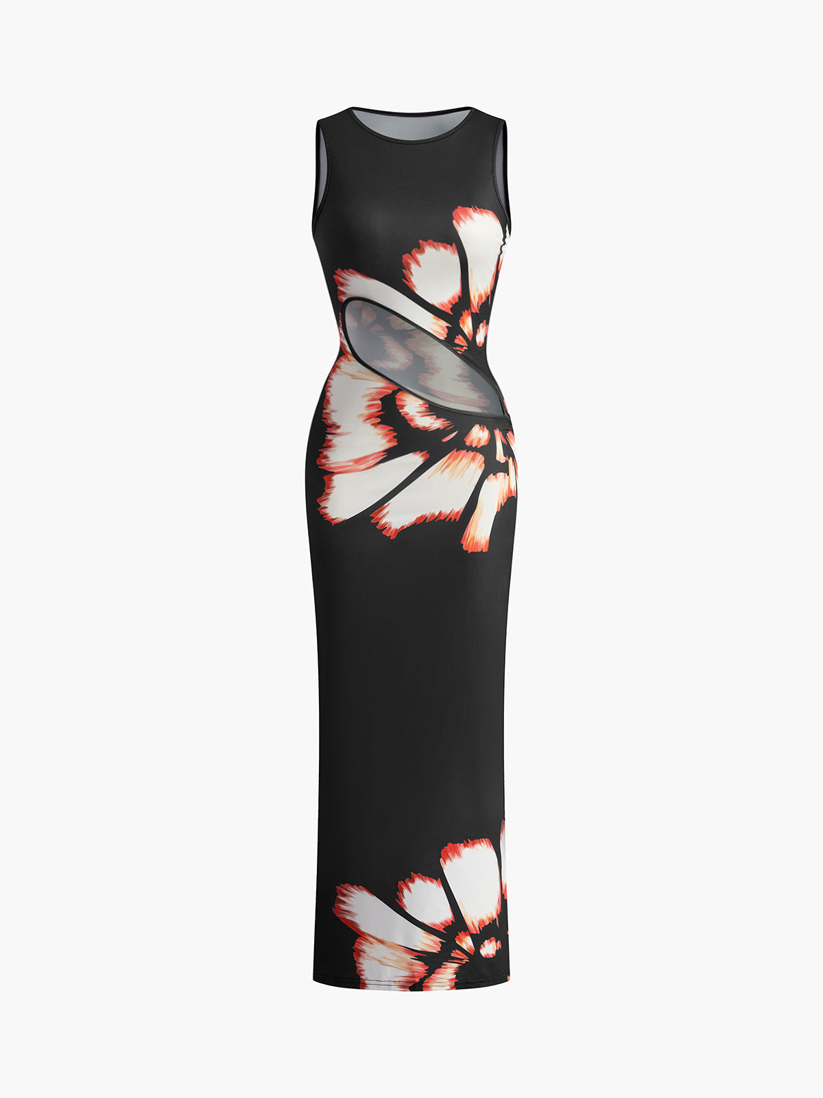 Langes Kleid mit Blumenmuster, Cut-Outs und Schlitz