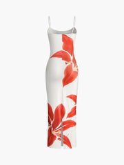 Ärmelloses, langes Kleid mit Blumenmuster und Schlitz