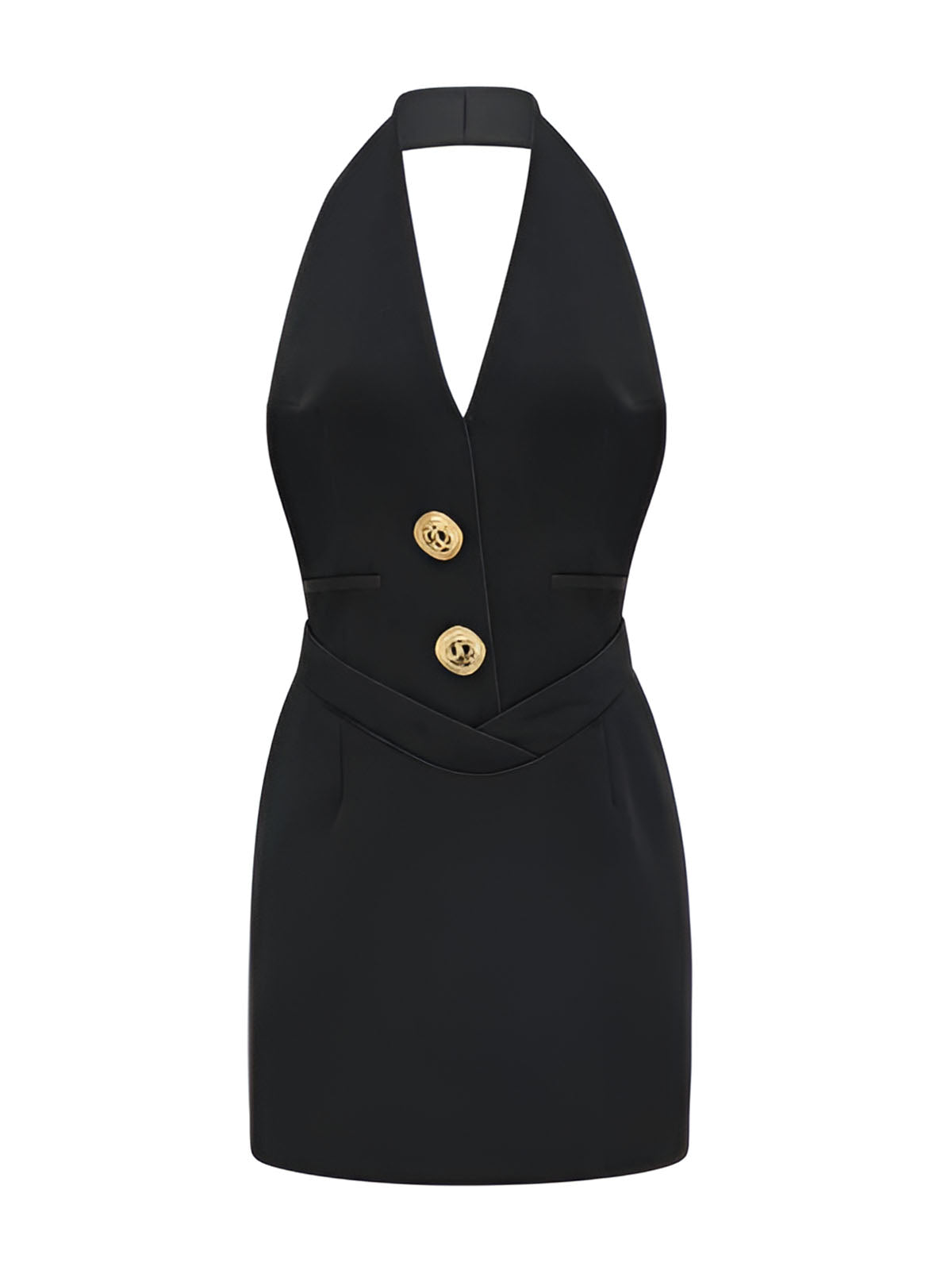 Ärmelloses Neckholder-Kleid mit V-Ausschnitt und goldenen Knöpfen