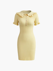 Kurzes Strickkleid mit schmalem Kragen und Metallknopf