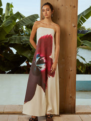Schulterfreies, rückenfreies, langes Wickelkleid mit Blumenmuster