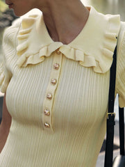 Kurzes Strickkleid mit schmalem Kragen und Metallknopf