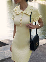 Kurzes Strickkleid mit schmalem Kragen und Metallknopf