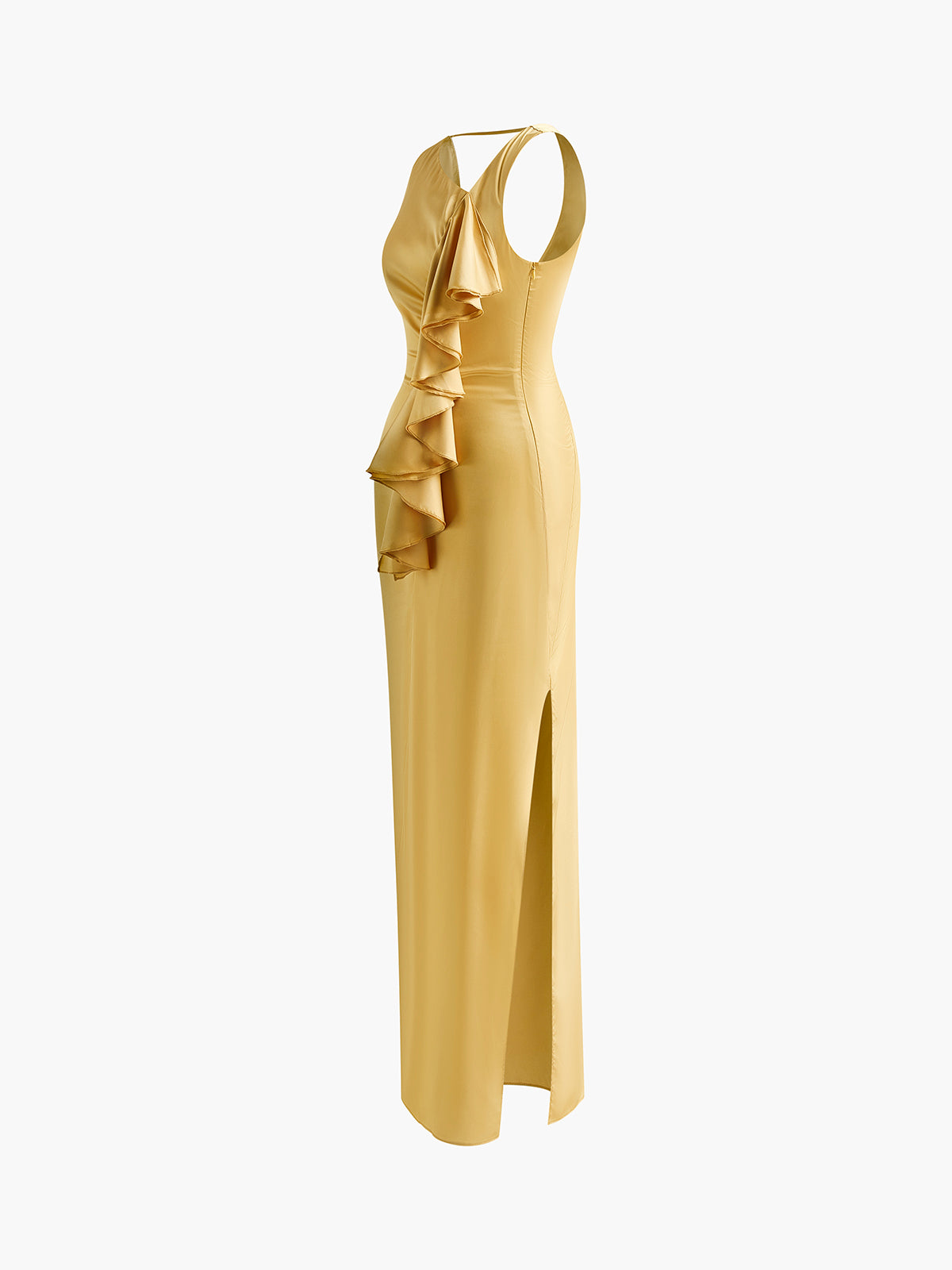 Asymmetrisches, rückenfreies, langes Kleid mit Rüschen