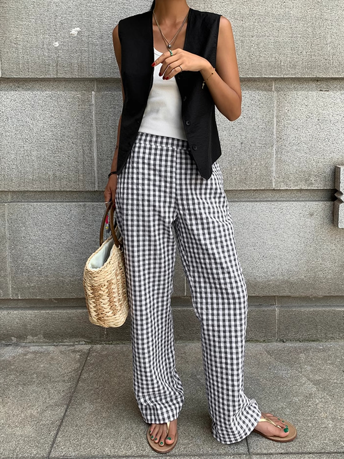 Casual Plaid Wide Leg Pants