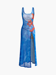 Schmales, rückenfreies Kleid mit Blumenmuster und Schlitz