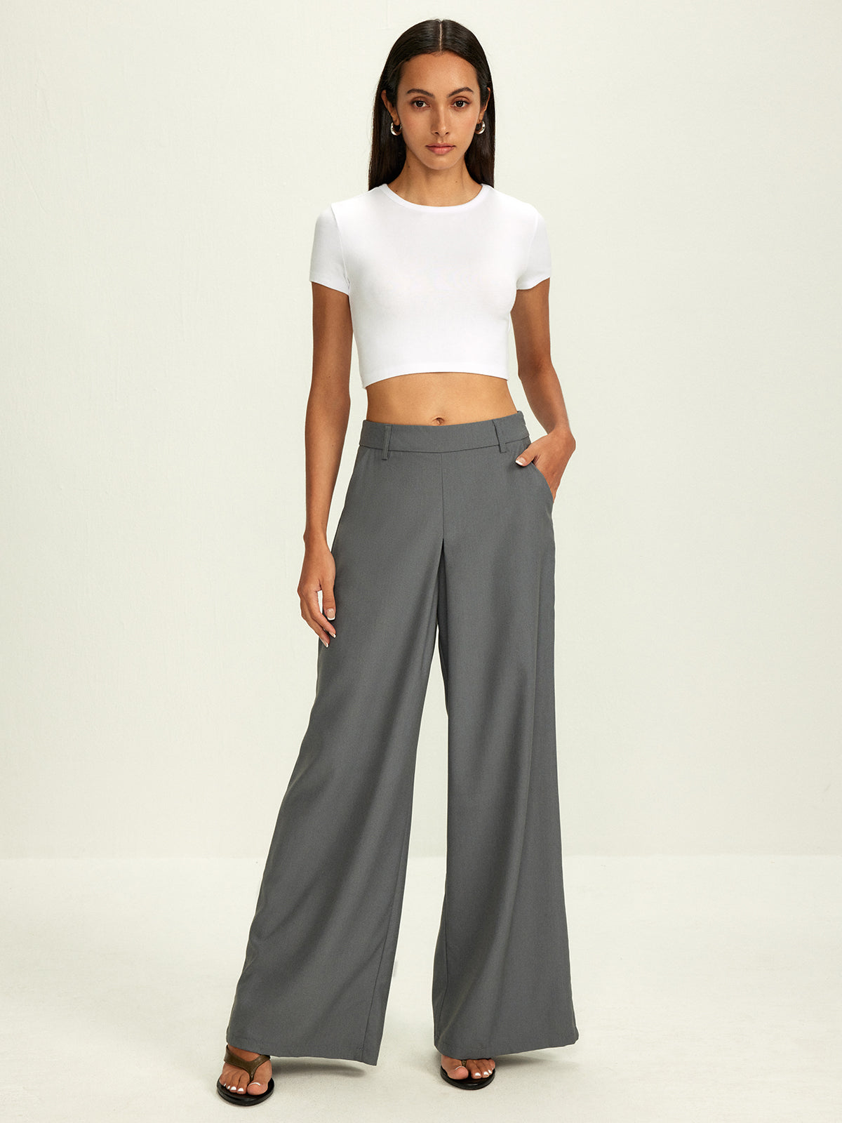 Plain Pockets Suit Wide Leg Pants