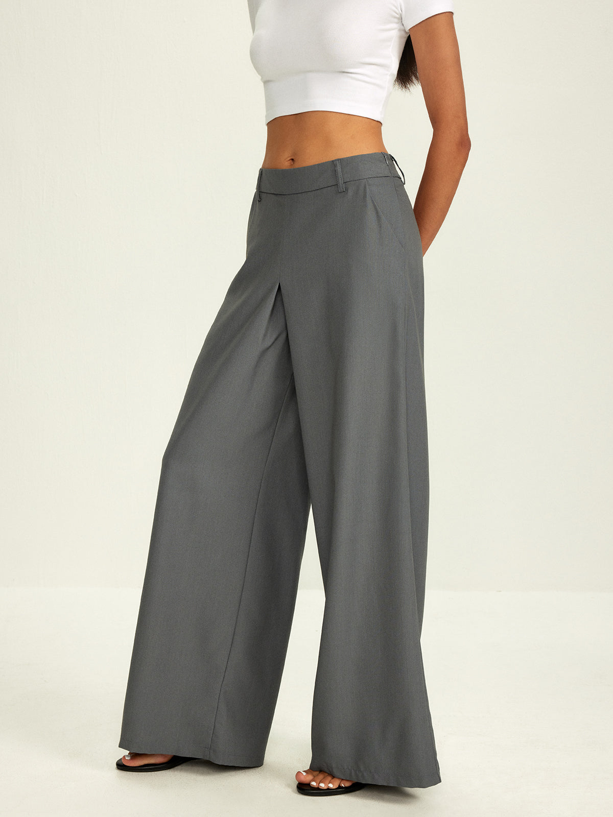 Plain Pockets Suit Wide Leg Pants