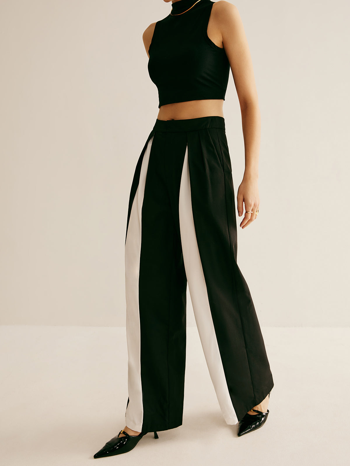 Pleated Patchwork Wide-Leg Pants