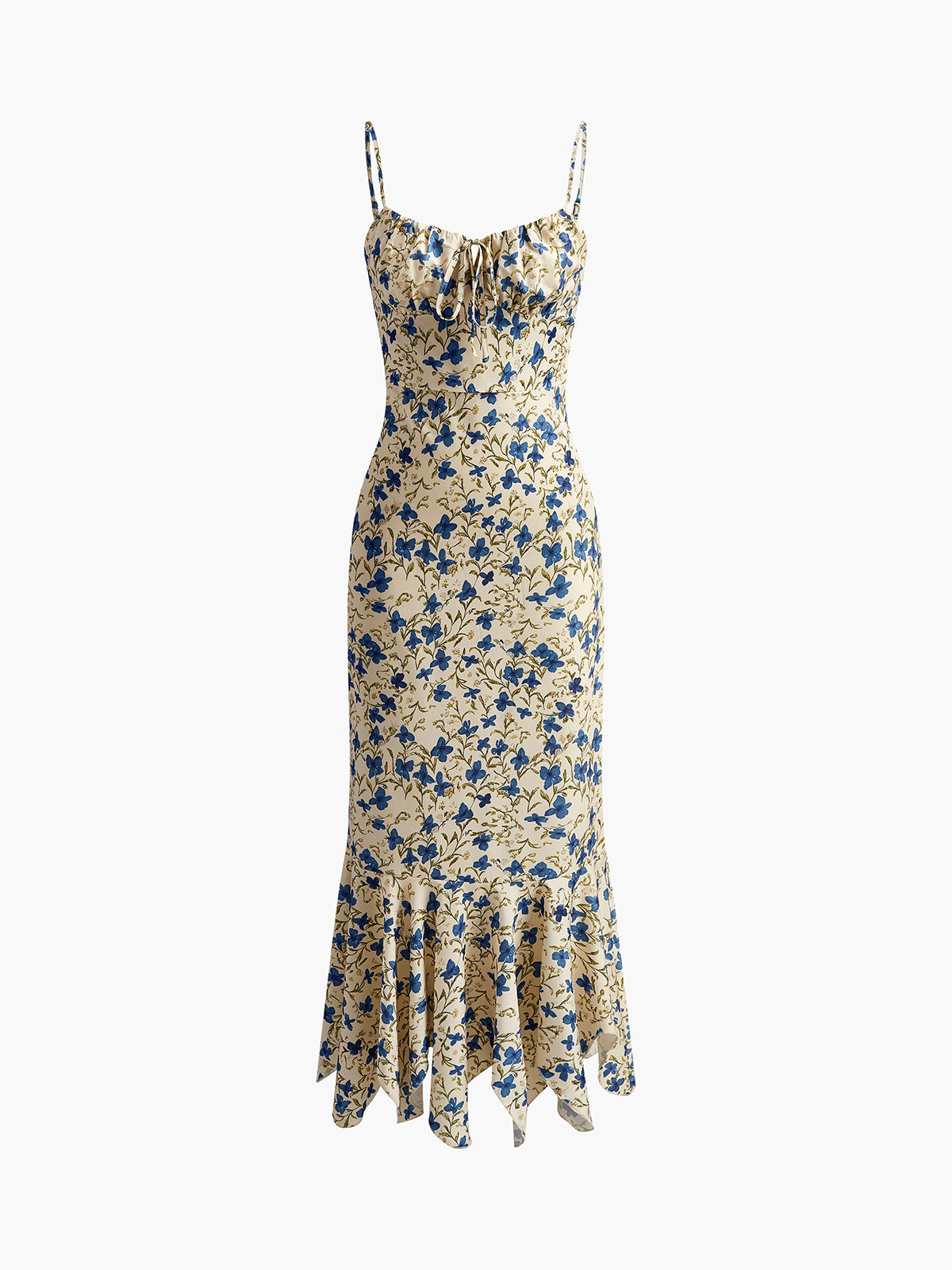 Langes Kleid mit Blumendruck, Knoten und unregelmäßigem Saum