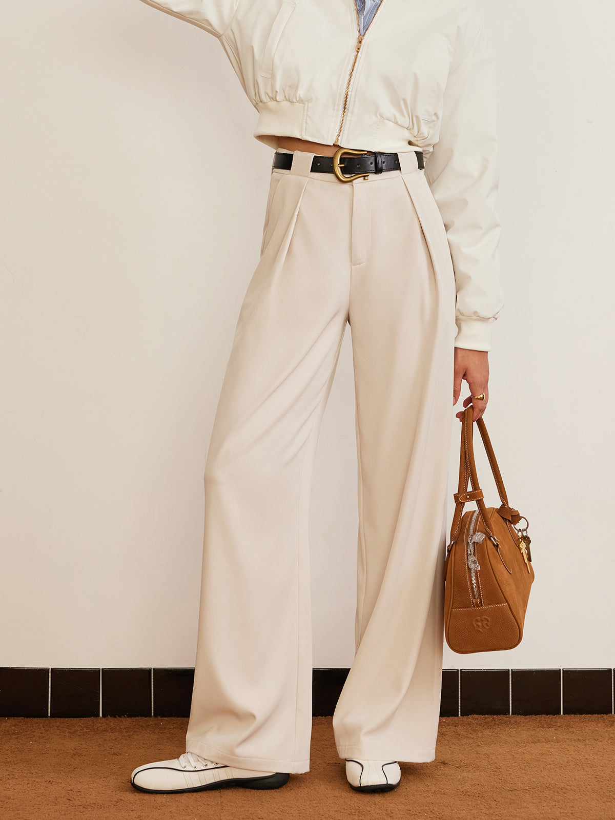 Pleated High-Waist Belted Pants