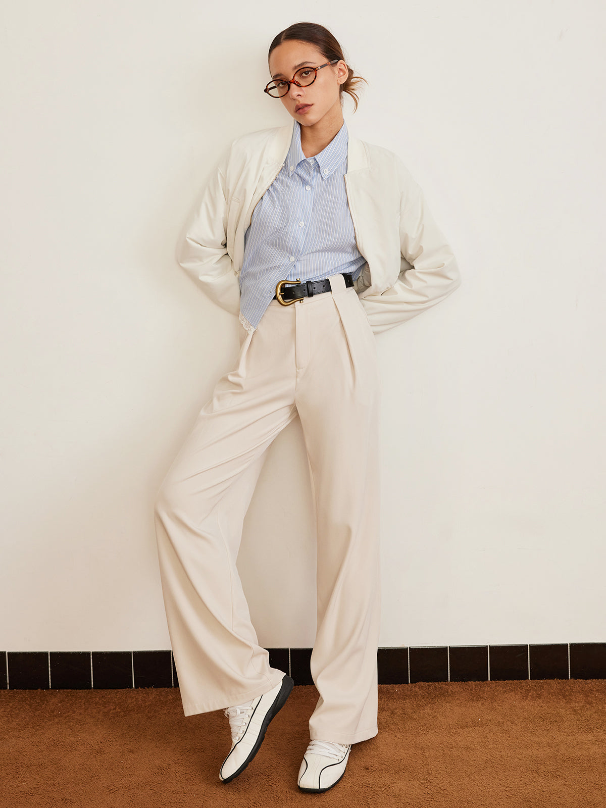 Pleated High-Waist Belted Pants