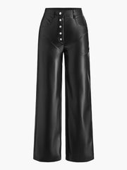 Mid-Waist Button PU Leather Pants