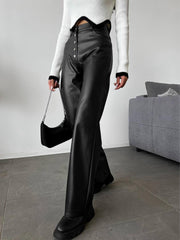 Mid-Waist Button PU Leather Pants