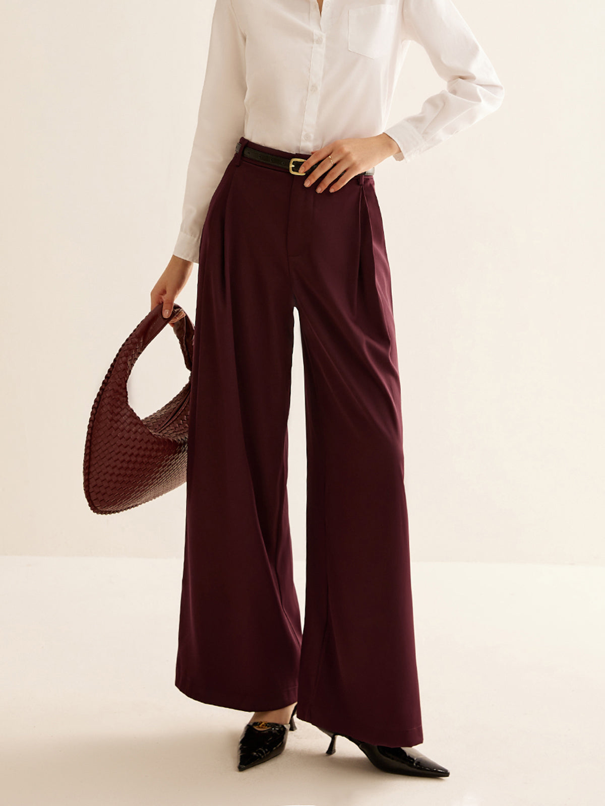 Pleated Wide Leg Pants Without Belt