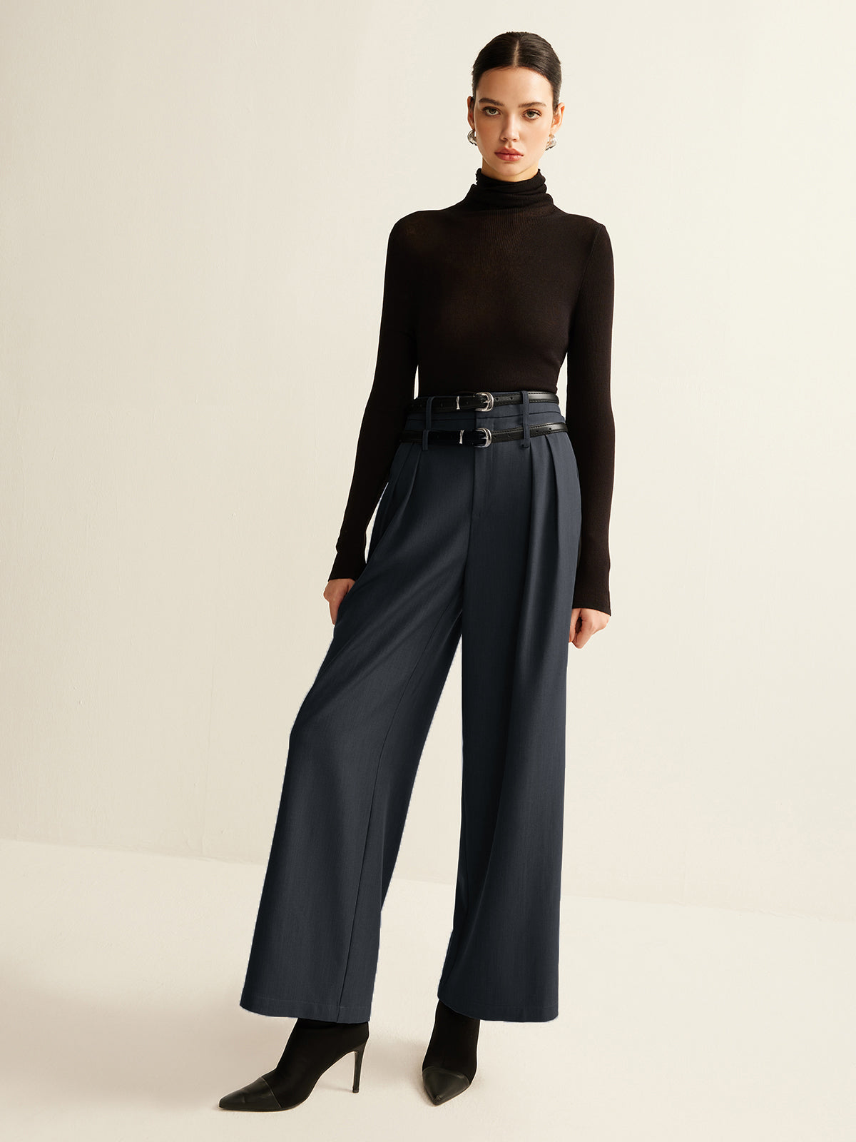 Double-Belt Pleated Straight Pants