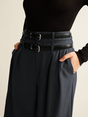 Double-Belt Pleated Straight Pants