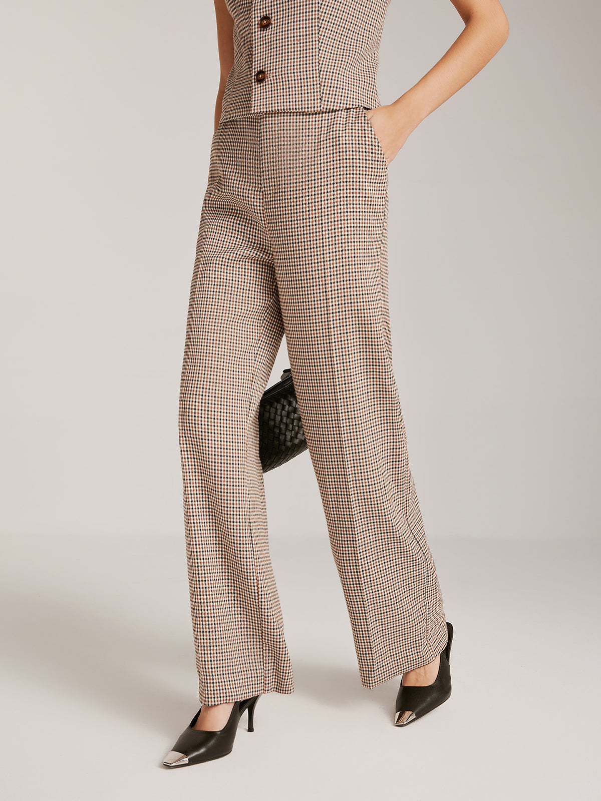 High-Waist Plaid Belted Pants