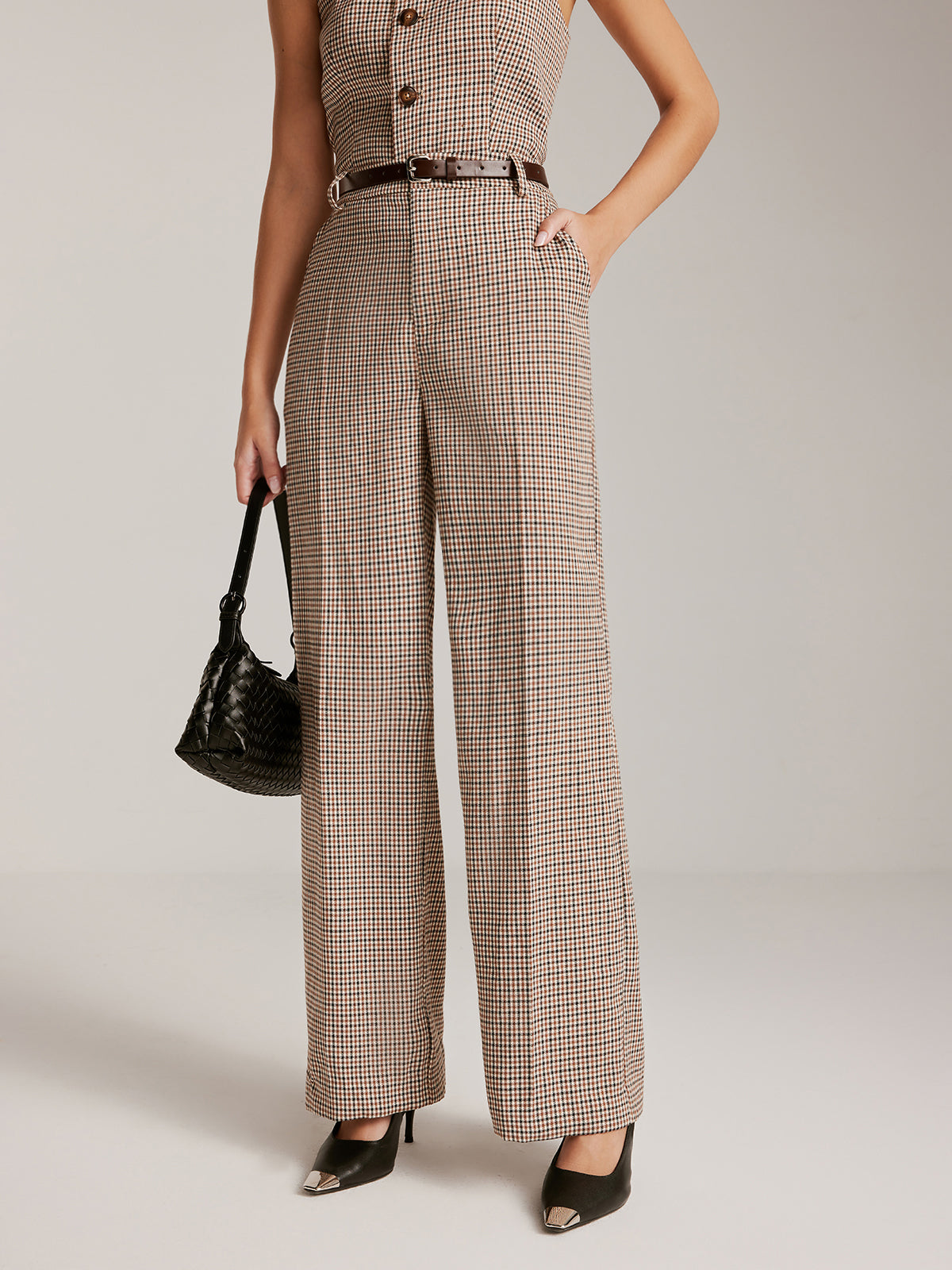 High-Waist Plaid Belted Pants