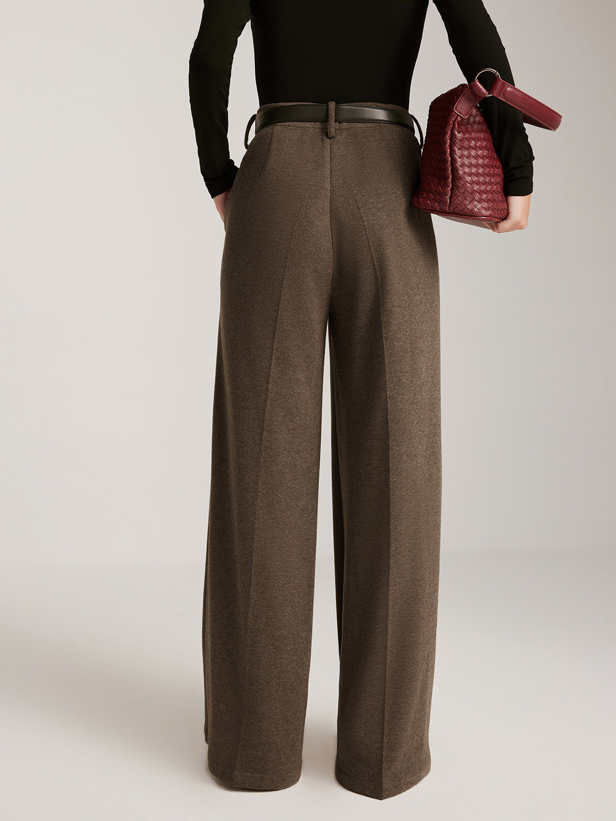 Wool-Blend Chevron Wide-Leg Pants Without Belt