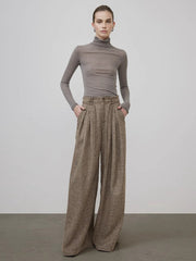 Mid-Waist Tweed Pleated Wide-Leg Pants