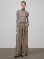 Mid-Waist Tweed Pleated Wide-Leg Pants