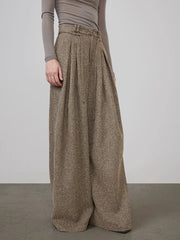 Mid-Waist Tweed Pleated Wide-Leg Pants