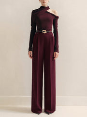 Metal-Belt Pleated High-Waist Pants