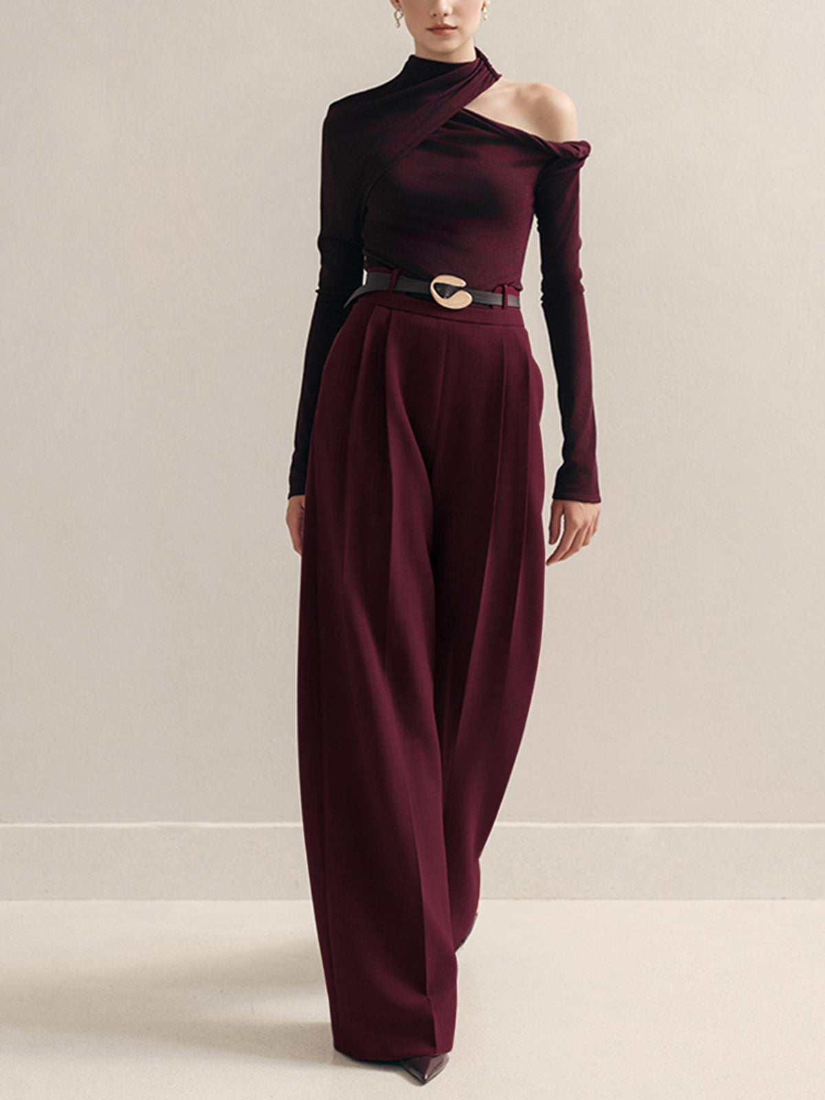 Metal-Belt Pleated High-Waist Pants