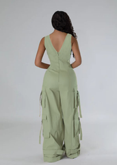 V-Neck Sleeveless Cargo Wide-Leg Jumpsuit