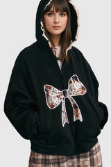 Baina Lace Bow Hooded Long Sleeve Jacket