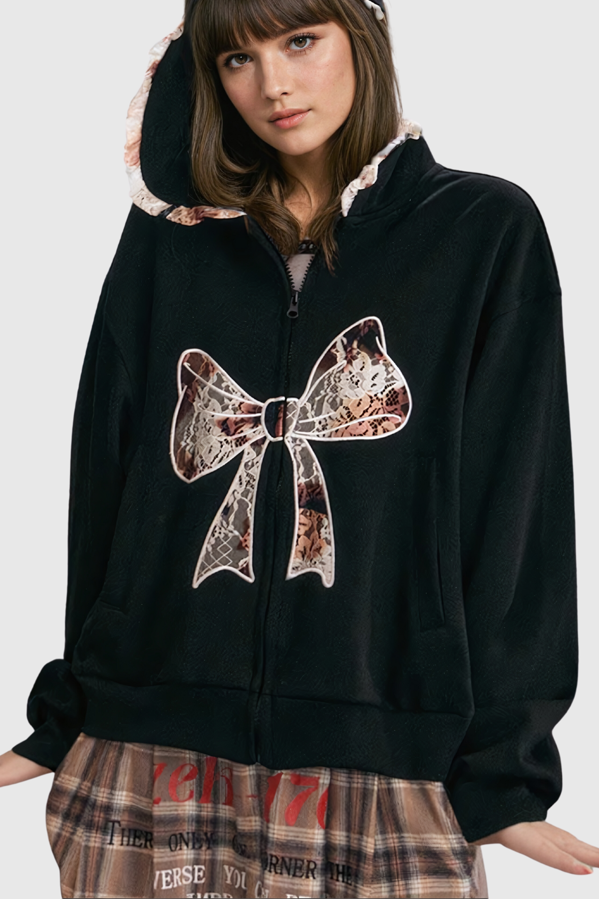 Baina Lace Bow Hooded Long Sleeve Jacket